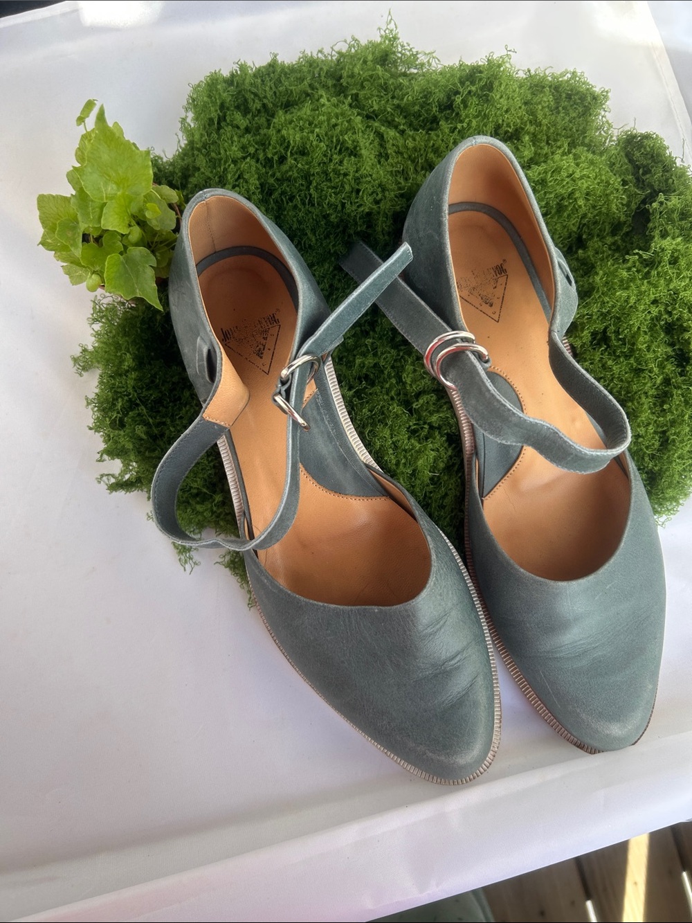 John Fluevog Teal Mary Jane Flats with Ankle Strap